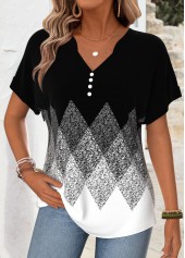 Black Geometric Print Tummy Coverage Short Sleeve T Shirt
