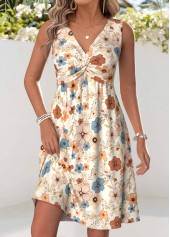 Beige Floral Print Short Tummy Coverage Sleeveless Dress