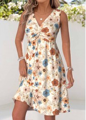 Beige Floral Print Short Tummy Coverage Sleeveless Dress | thumb picture 