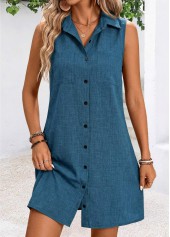Peacock Blue Short Tummy Coverage Sleeveless Shirt Collar Dress
