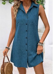 Peacock Blue Short Tummy Coverage Sleeveless Shirt Collar Dress | thumb picture 