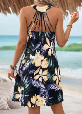 Black Floral Print Tummy Coverage Sleeveless Scoop Neck Dress