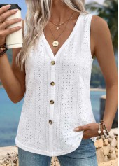 White Button Sleeveless V Neck Tank Top