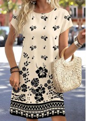 Beige Random Floral Print Tummy Coverage Short Sleeve Dress | thumb picture 