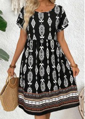 Black Tribal Print Shirred Short Sleeve Round Neck Dress