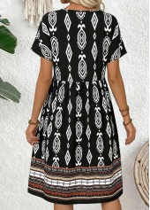 Black Tribal Print Shirred Short Sleeve Round Neck Dress | thumb picture 