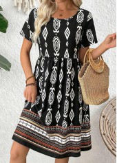 Black Tribal Print Shirred Short Sleeve Round Neck Dress | thumb picture 