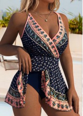Navy Tummy Coverage Tribal Print One Piece Swimdress