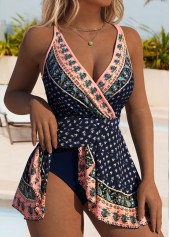Navy Tummy Coverage Tribal Print One Piece Swimdress | thumb picture 