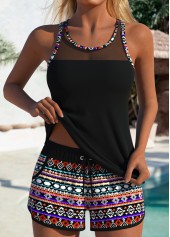 Black Mid Waisted Tummy Coverage Tribal Print Tankini Set