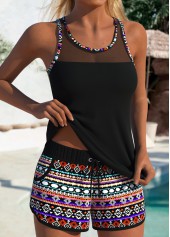 Black Mid Waisted Tummy Coverage Tribal Print Tankini Set | thumb picture 