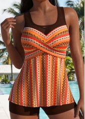Orange Mid Waisted Surplice African Tribal Print Tankini Set