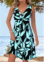 Cyan Leaf Print Short Tummy Coverage Sleeveless Dress