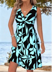 Cyan Leaf Print Short Tummy Coverage Sleeveless Dress | thumb picture 