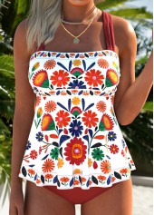 Multi Color Mid Waisted Patchwork Floral Print Tankini Set