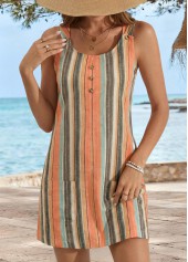 Multi Color Striped Short Patch Pocket Sleeveless Dress