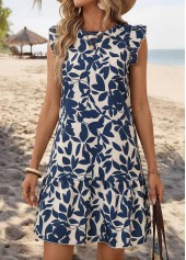 Blue Leaf Print Short Tummy Coverage Round Neck Dress | thumb picture 