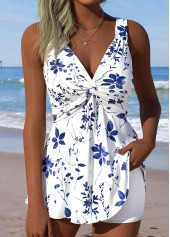 White Mid Waisted Tummy Coverage Floral Print Tankini Set
