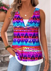 Multi Color Tribal Print Fake 2in1 Sleeveless Tank Top