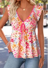 Pink Ditsy Floral Print Peplum Short Sleeve Tank Top