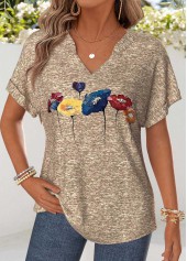 Light Camel Floral Print Tummy Coverage T Shirt