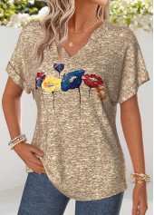 Light Camel Floral Print Tummy Coverage T Shirt | thumb picture 