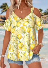 Light Yellow Fruit Printing Twist Short Sleeve T Shirt