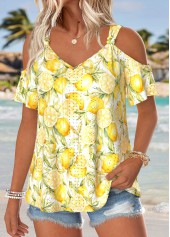 Light Yellow Fruit Printing Twist Short Sleeve T Shirt | thumb picture 