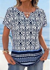 Navy Tribal Print Cut Out Short Sleeve T Shirt | thumb picture 