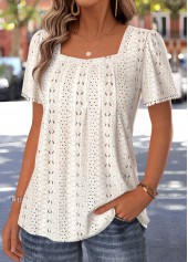 Beige Pleated Short Sleeve Square Neck T Shirt | thumb picture 