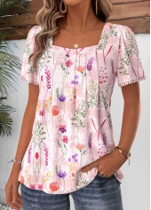 Light Pink Floral Print Pleated Short Sleeve T Shirt | thumb picture 