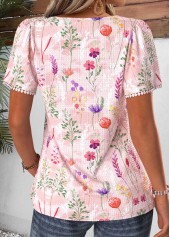 Light Pink Floral Print Pleated Short Sleeve T Shirt | thumb picture 
