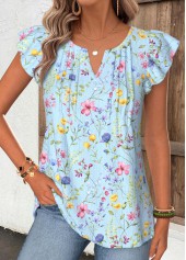 Light Blue Floral Print Tummy Coverage T Shirt