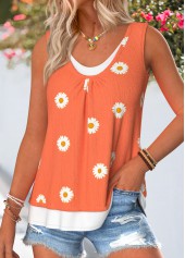 Orange Floral Print Fake 2in1 Sleeveless Tank Top | thumb picture 