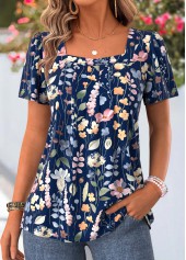 Navy Floral Print Tummy Coverage Short Sleeve T Shirt