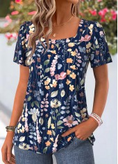 Navy Floral Print Tummy Coverage Short Sleeve T Shirt | thumb picture 