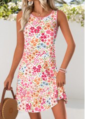 Pink Ditsy Floral Print Short Tummy Coverage Sleeveless Dress