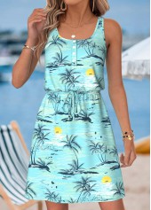 Mint Green Tropical Plants Print Short Tummy Coverage Dress