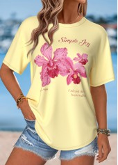Light Yellow Floral Print Short Sleeve T Shirt