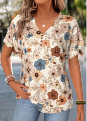 Light Coffee Floral Print Tummy Coverage T Shirt
