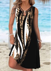 Black Leopard Short Tummy Coverage Sleeveless Round Neck Dress