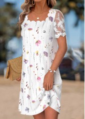 White Floral Print Short Scalloped Hem Square Neck Dress | thumb picture 