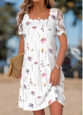 White Floral Print Short Scalloped Hem Square Neck Dress