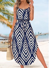 Navy Chevron Print Tummy Coverage Strappy Round Neck Dress