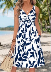 White Leaf Print Tummy Coverage Sleeveless V Neck Dress