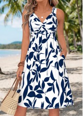 White Leaf Print Tummy Coverage Sleeveless V Neck Dress | thumb picture 