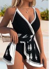 Black Tummy Coverage Tribal Print One Piece Swimdress