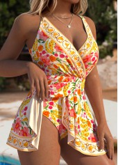 Yellow Tummy Coverage Floral Print One Piece Swimdress