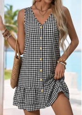 Black Plaid Short Tummy Coverage V Neck Dress | thumb picture 