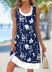 Navy Floral Print Tummy Coverage Sleeveless Scoop Neck Dress
